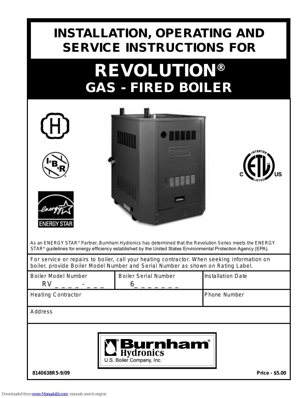 Burnham Revolution, Revolution RV6, Revolution RV3, Revolution RV4, Revolution RV5 Installation, Operating And Service Instructions