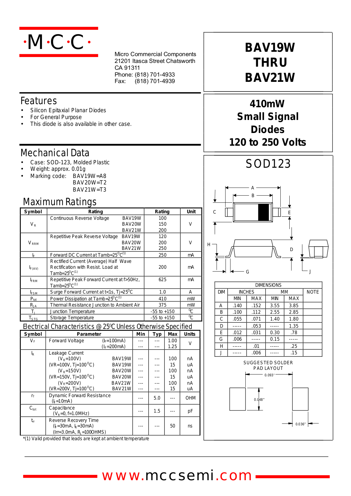 MCC BAV21W, BAV20W, BAV19W Datasheet