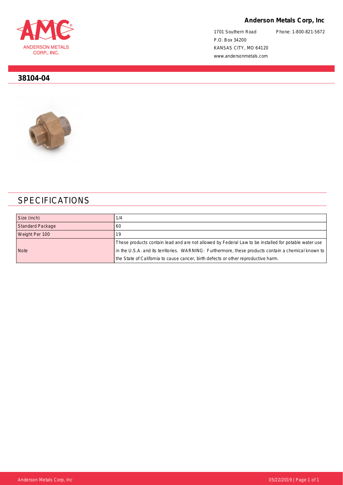 Anderson Metals 38104-04 User Manual