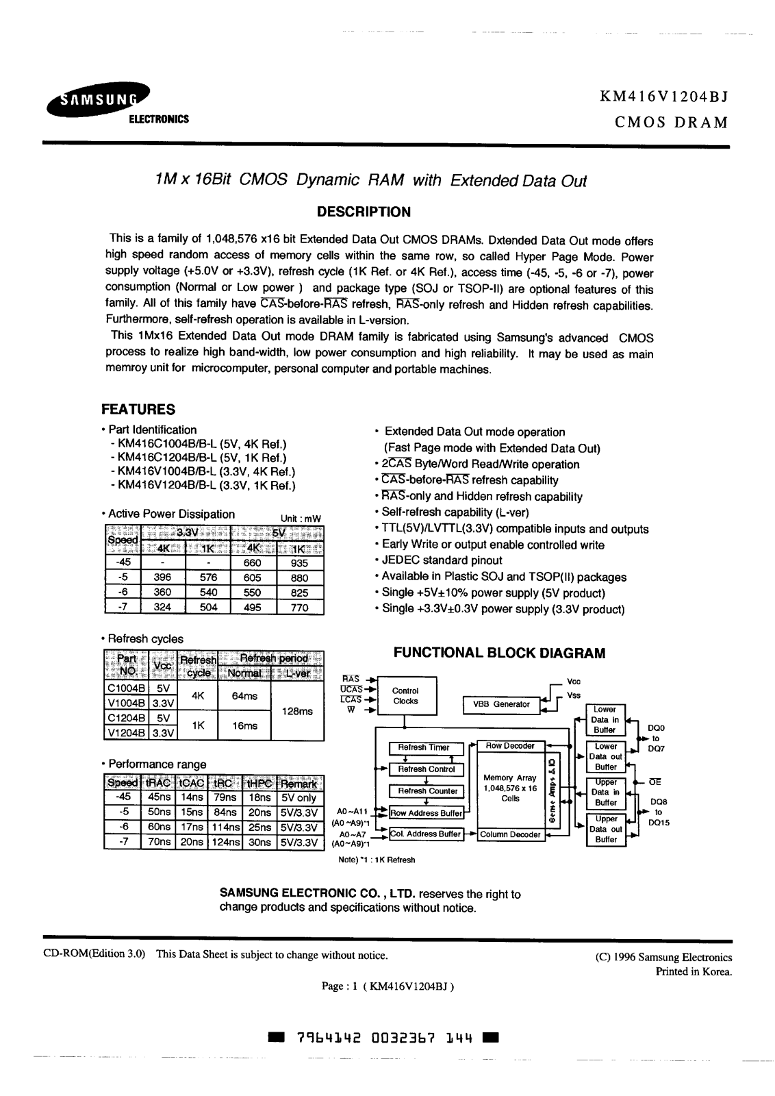 Samsung KM416V1204BT-5, KM416V1204BJ-L7, KM416V1204BJ-L6, KM416V1204BJ-L5, KM416V1204BJ-5 Datasheet