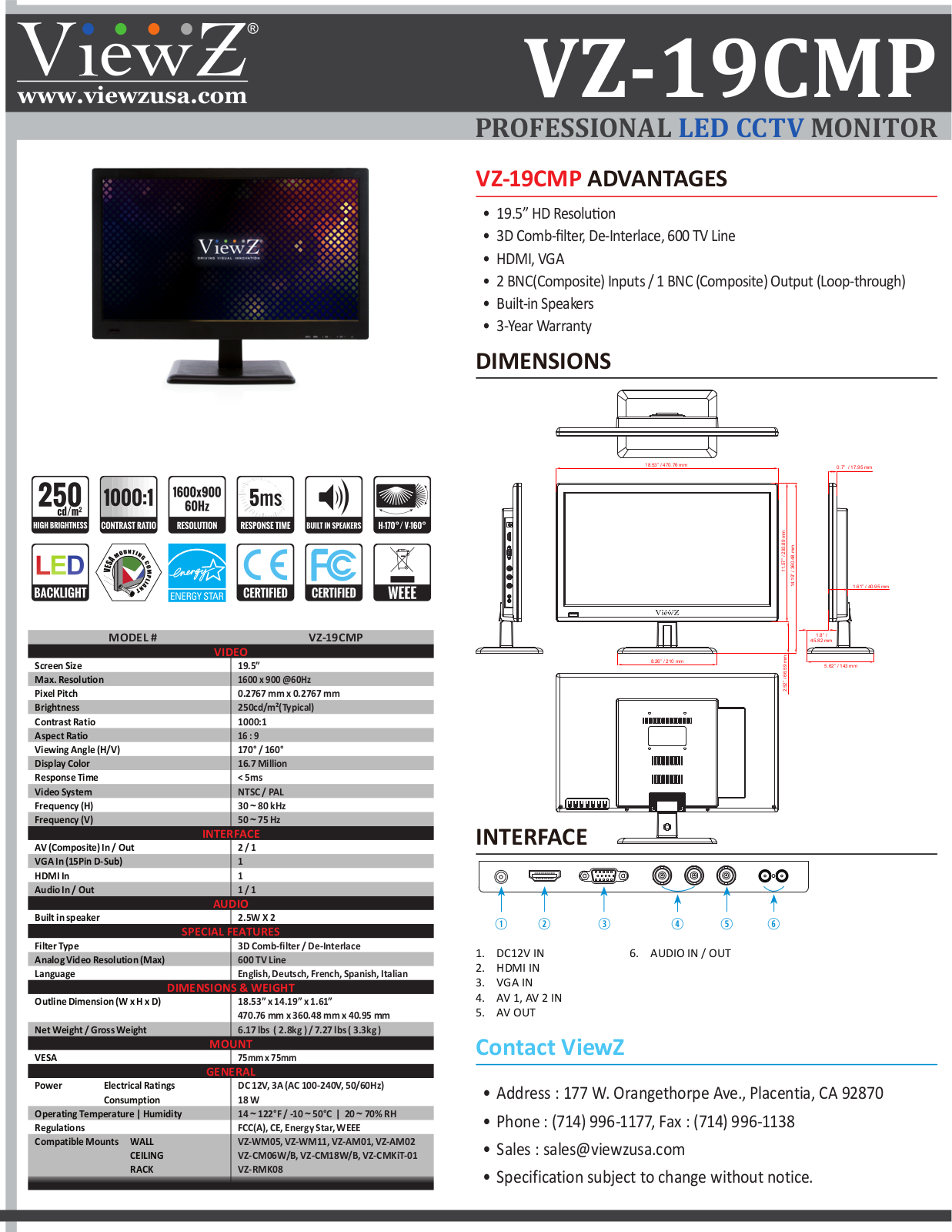 ViewZ VZ-19CMP Specsheet