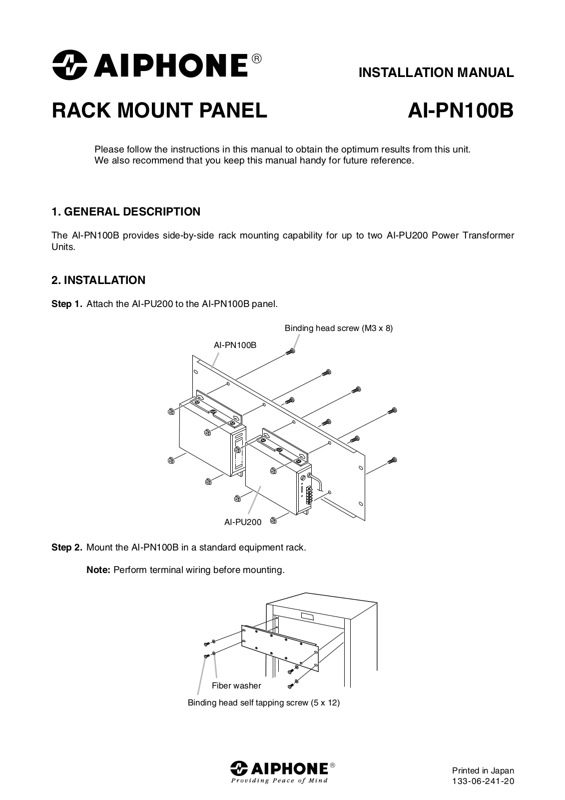 Aiphone AI-PN100, BRACK MOUNT PANEL User Manual