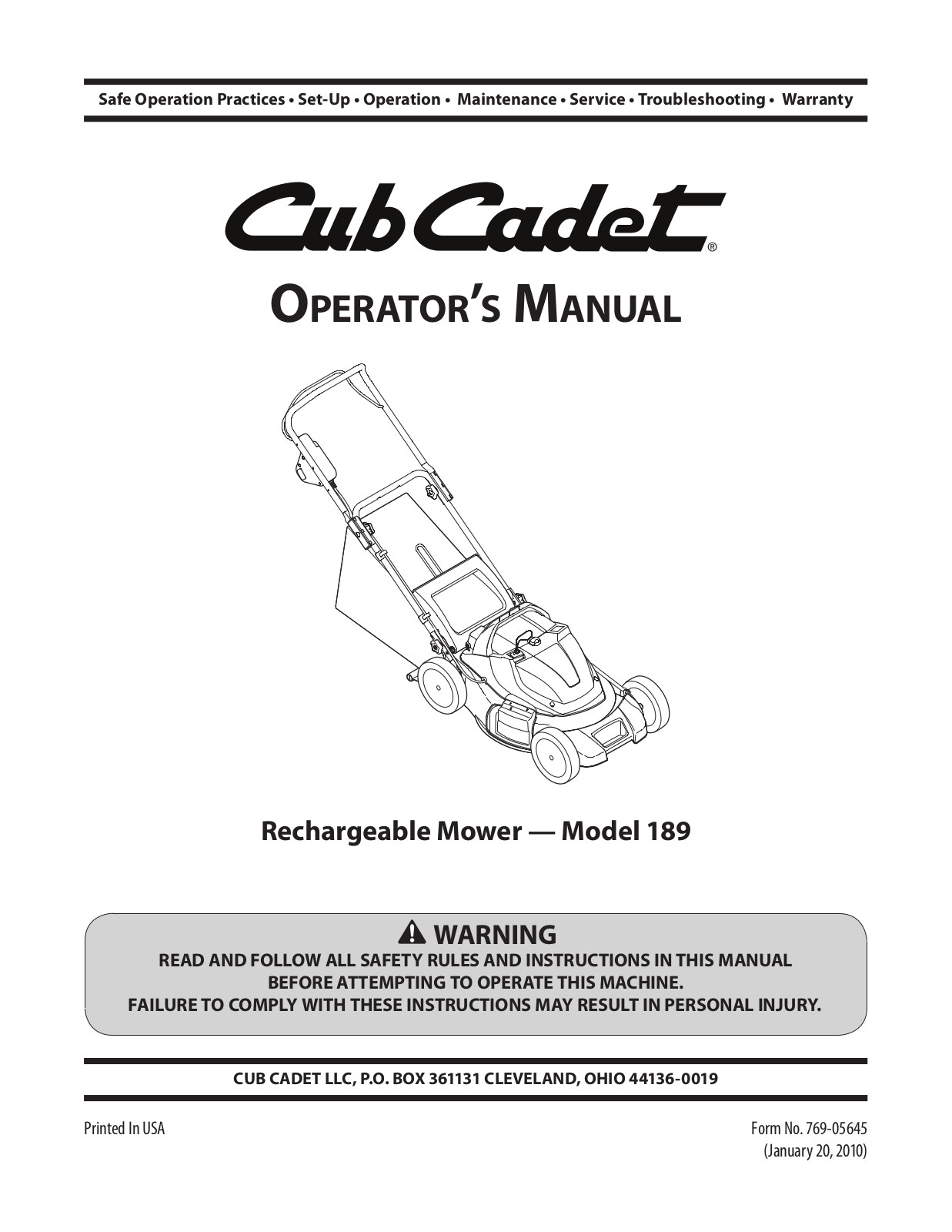 Cub cadet 189 User Manual