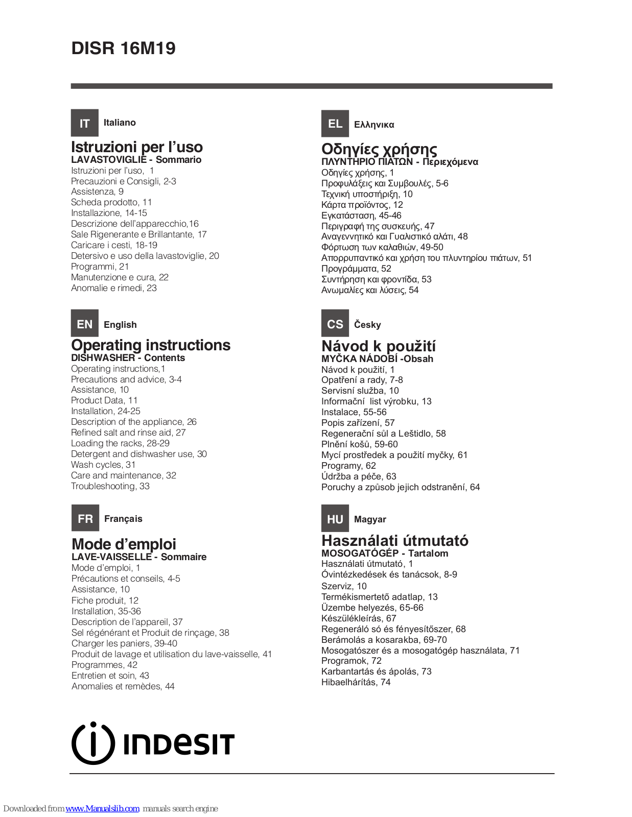 Indesit DISR 16M19 Operating Instructions Manual