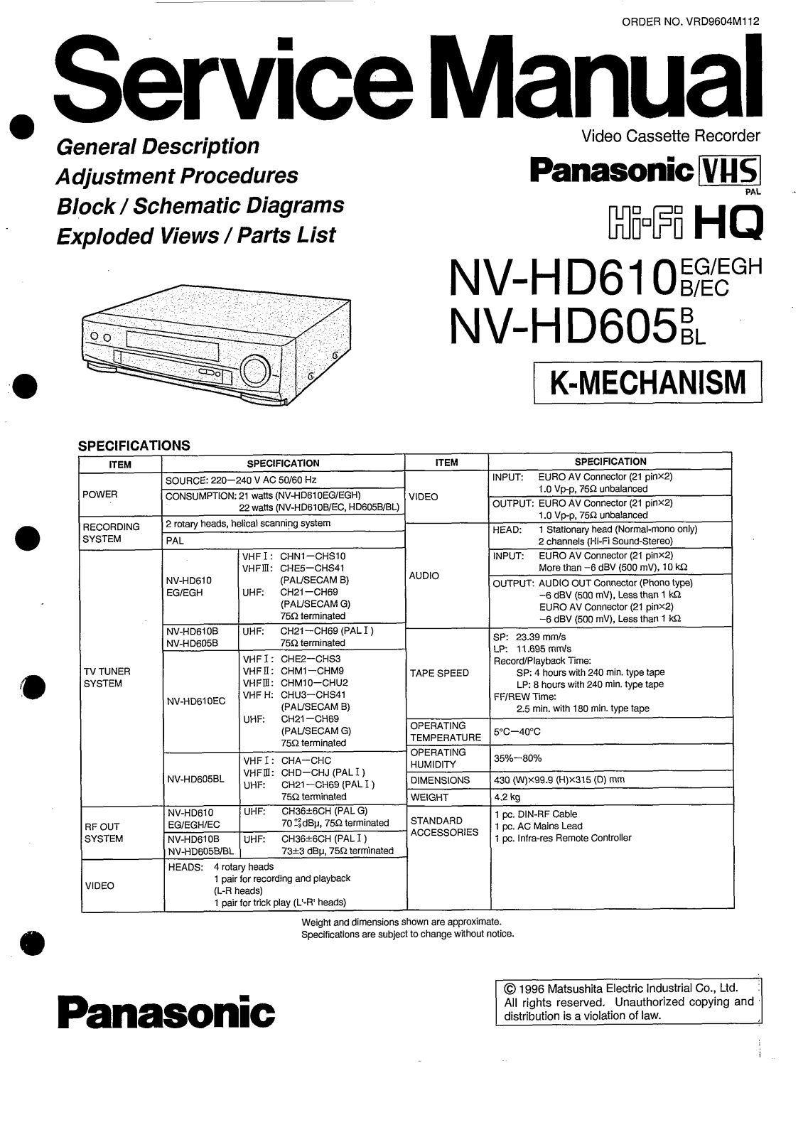 PANASONIC NV-HD610, NV-HD605 Service Manual