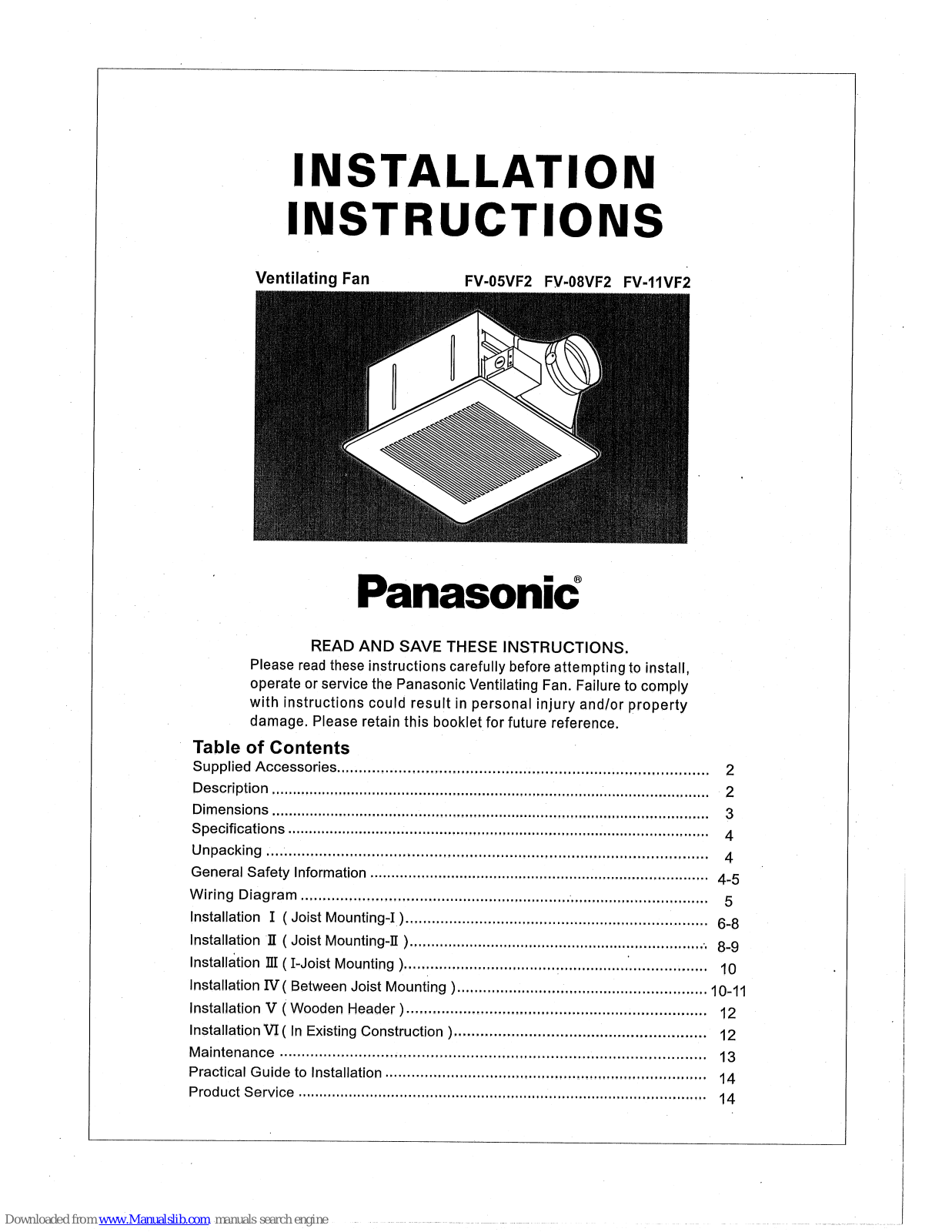 Sonnet FV-05VF2, FV-11VF2, FV-08VF2 Installation Instructions Manual