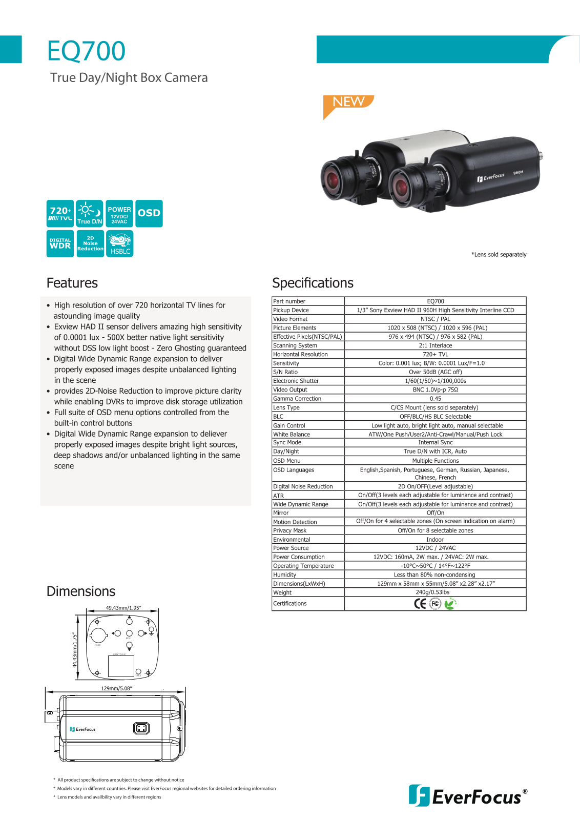 EverFocus EQ700W Specsheet