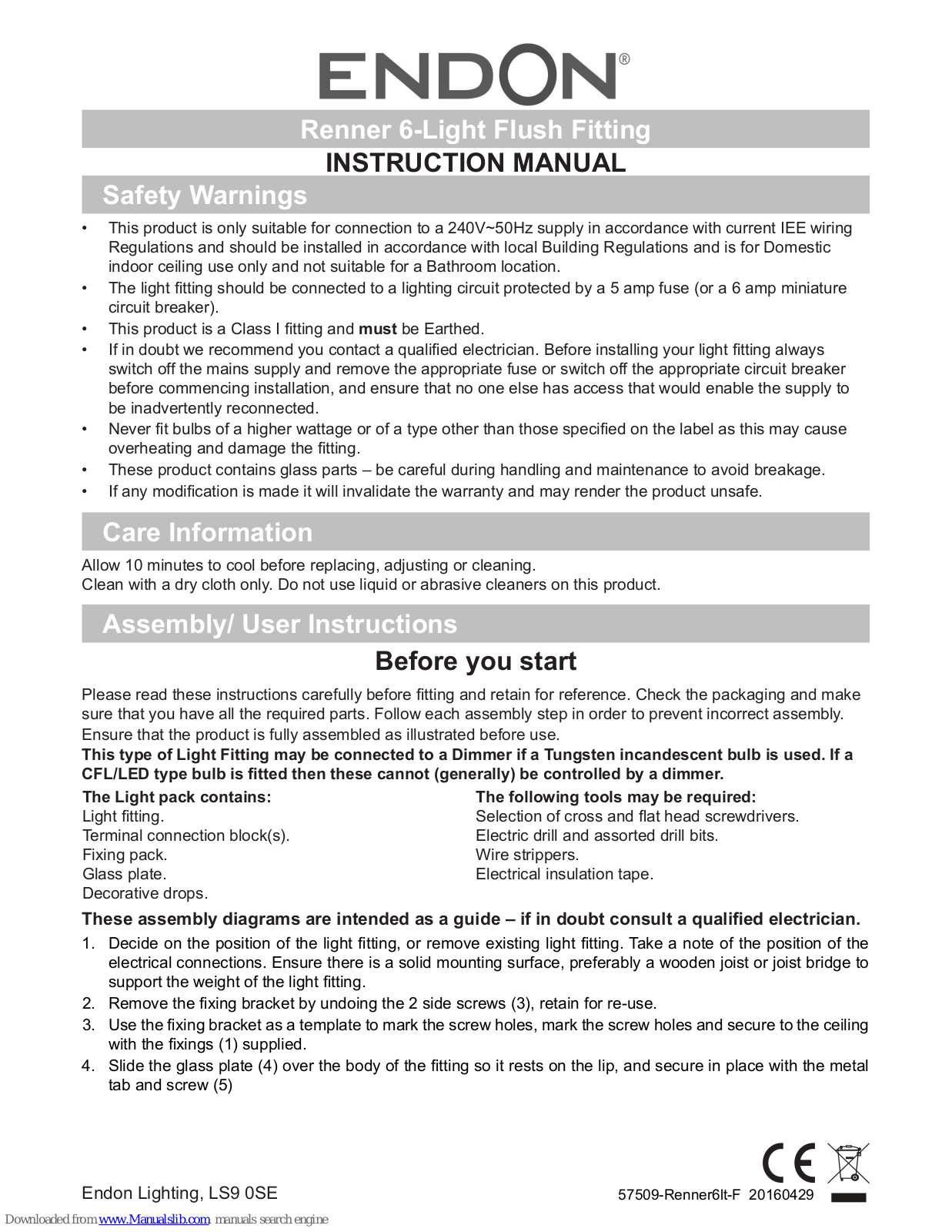 Endon Renner 6-Light Flush Fitting Instruction Manual