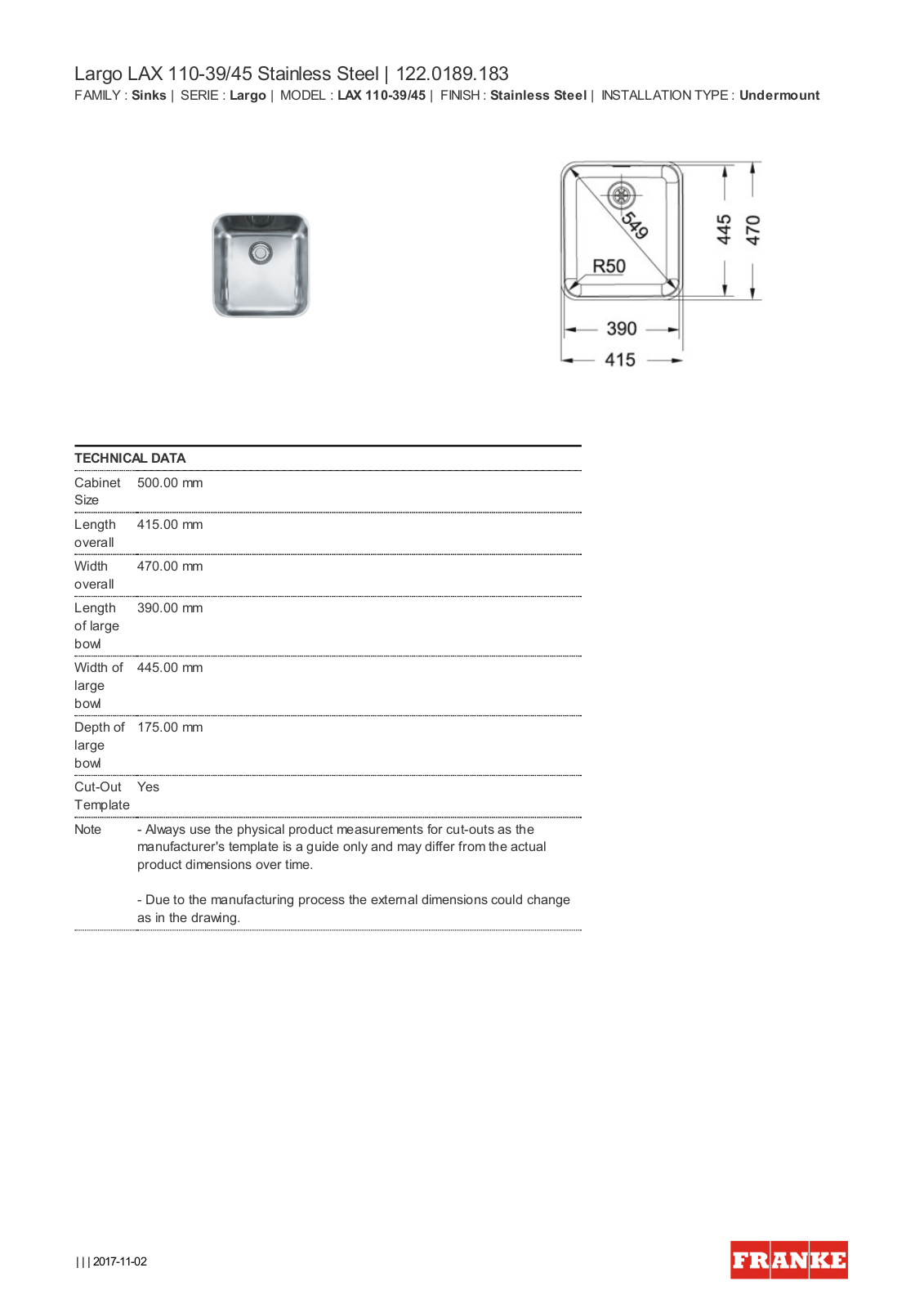 Franke LAX110-39/45 Specifications Sheet