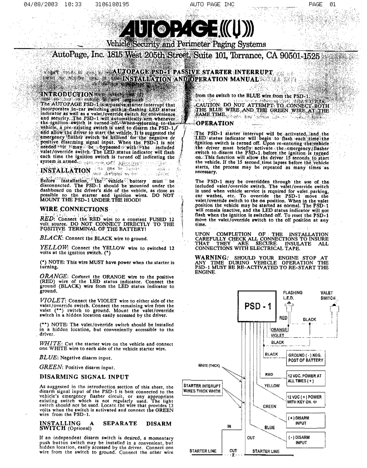 AutoPage PSD-1 Operation Manual