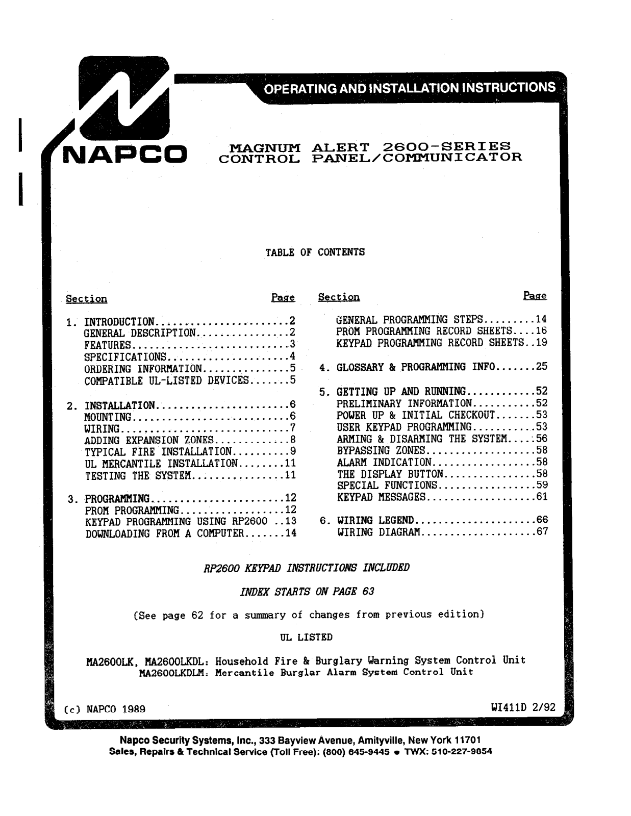 NAPCO MA2600 Installation Manual