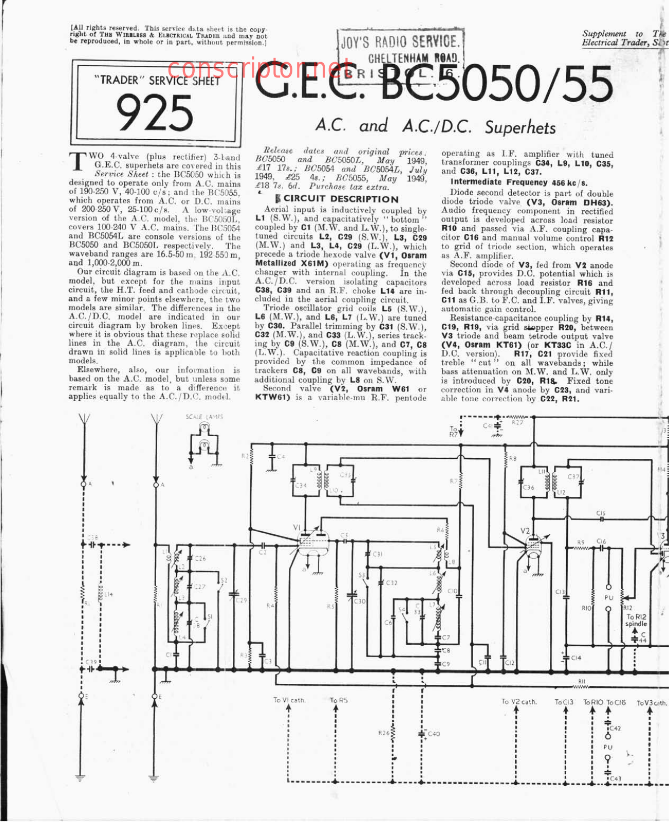 G.E.C. BC5050, BC5055 Service manual