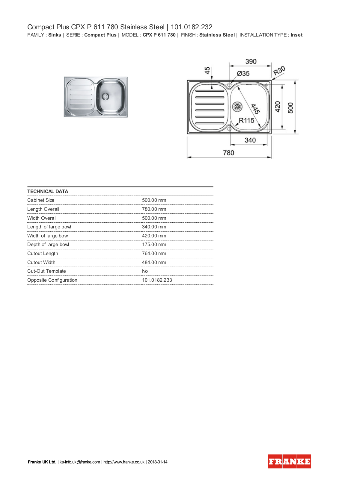 Franke CPX61178PLHD Specifications Sheet