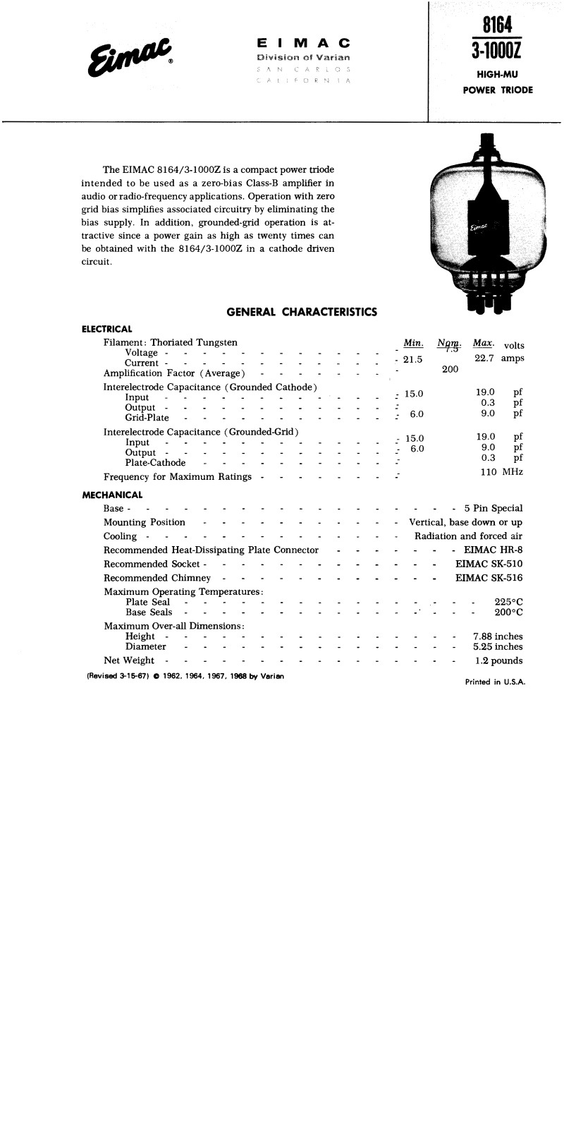 Eimac 8164/3-1000Z Datasheet