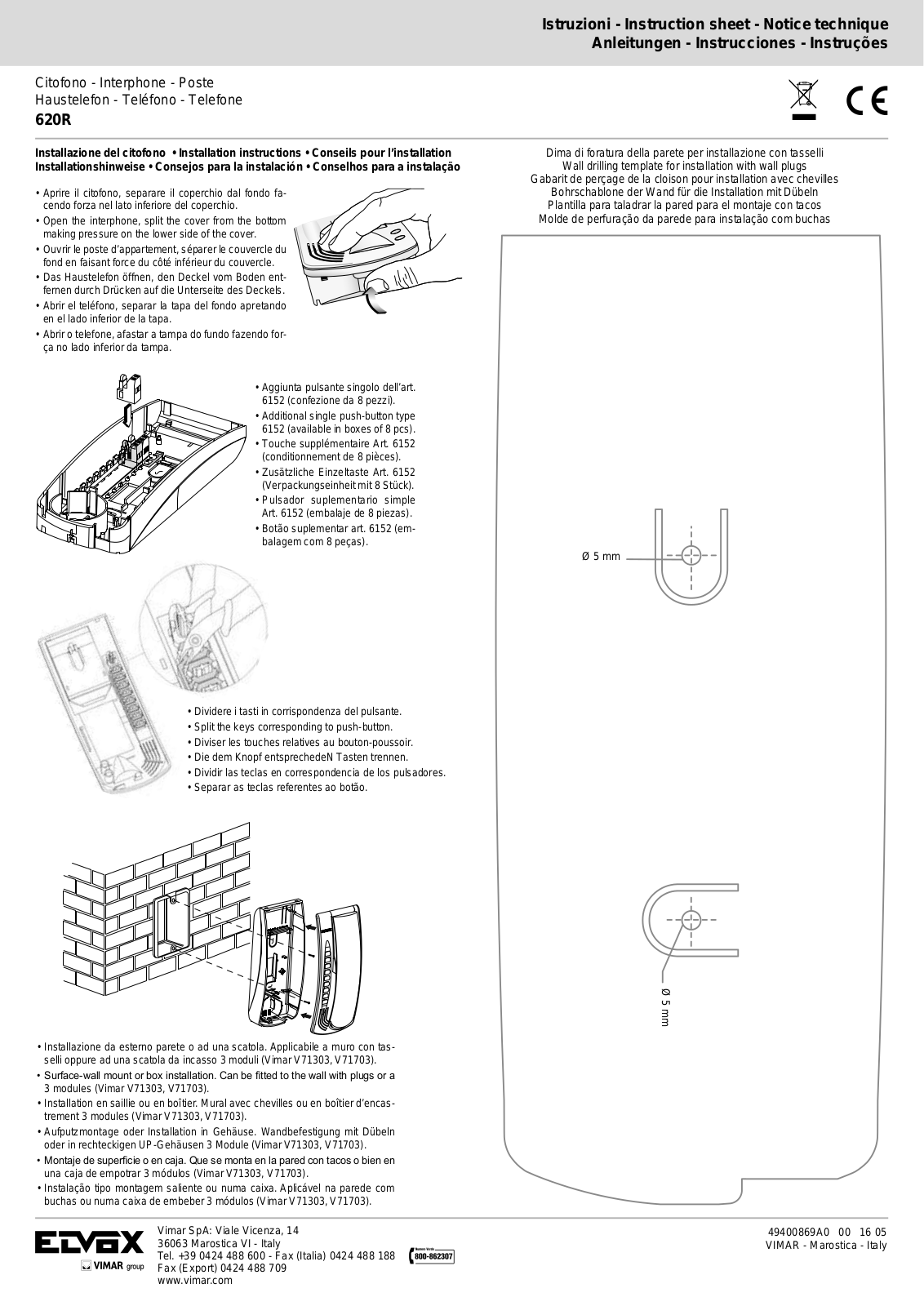 Vimar Elvox 620R Instruction Sheet