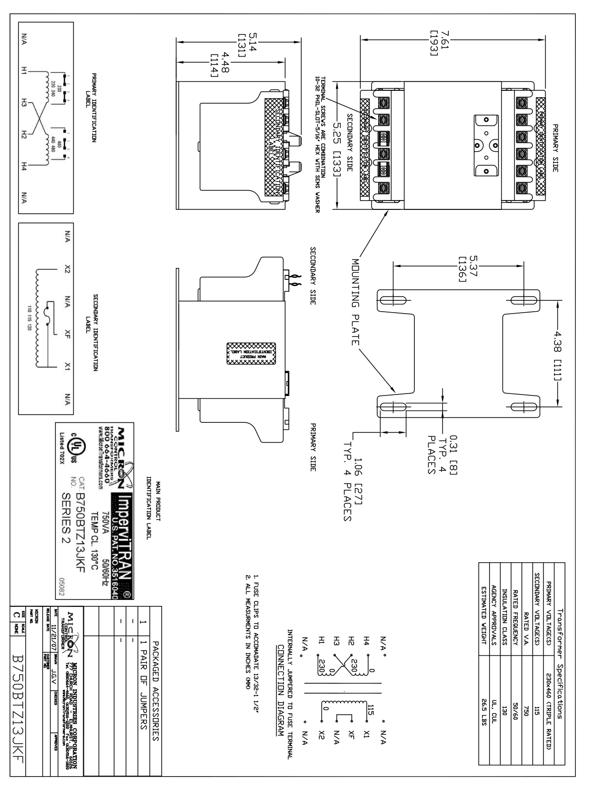 Micron Industries B750BTZ13JKF Specification Sheet