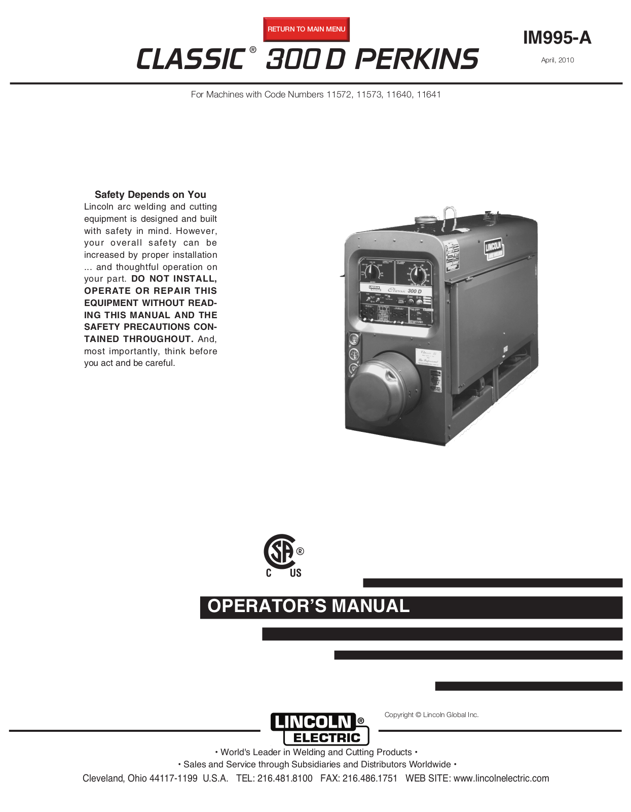 Lincoln Electric CLASSIC 11572 User Manual