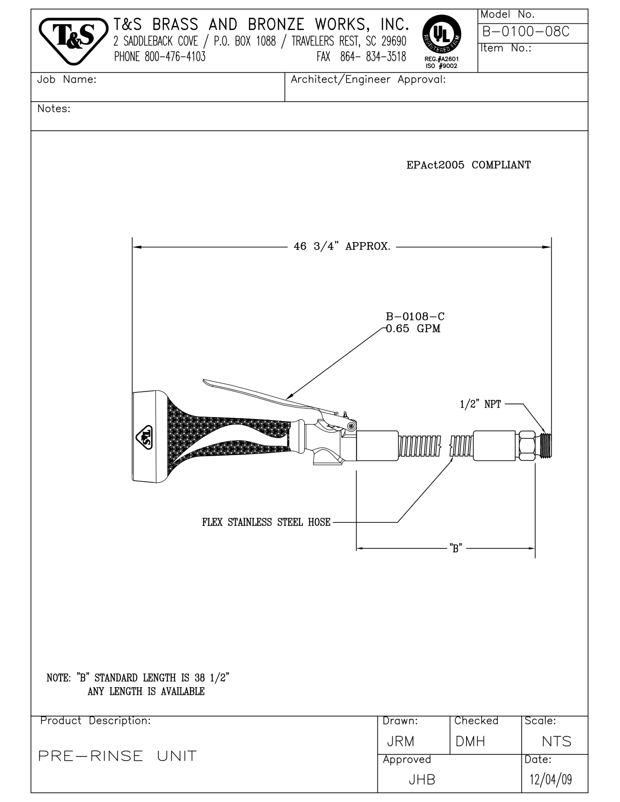 T&S Brass B-0100-08C User Manual