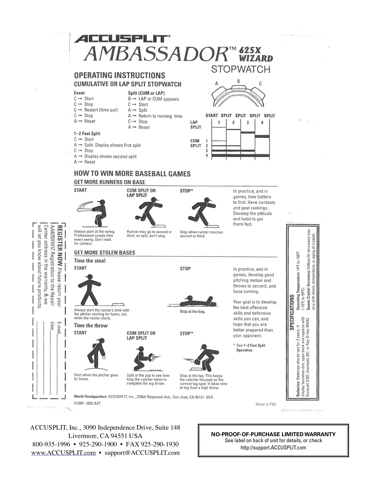 Accusplit 625X, AA625XWIZ User Manual