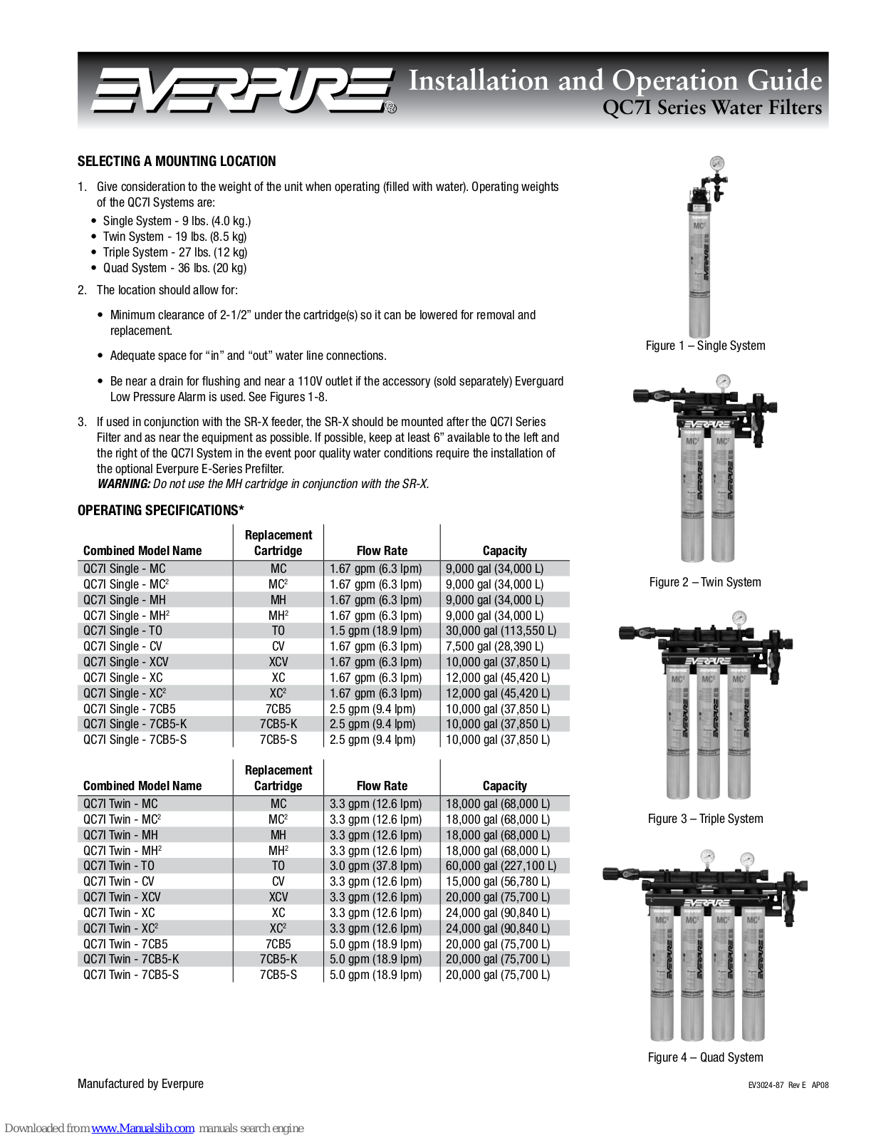 Everpure QC7I Single - TO, QC7I Single - 7CB5-S Installation And Operation Manual