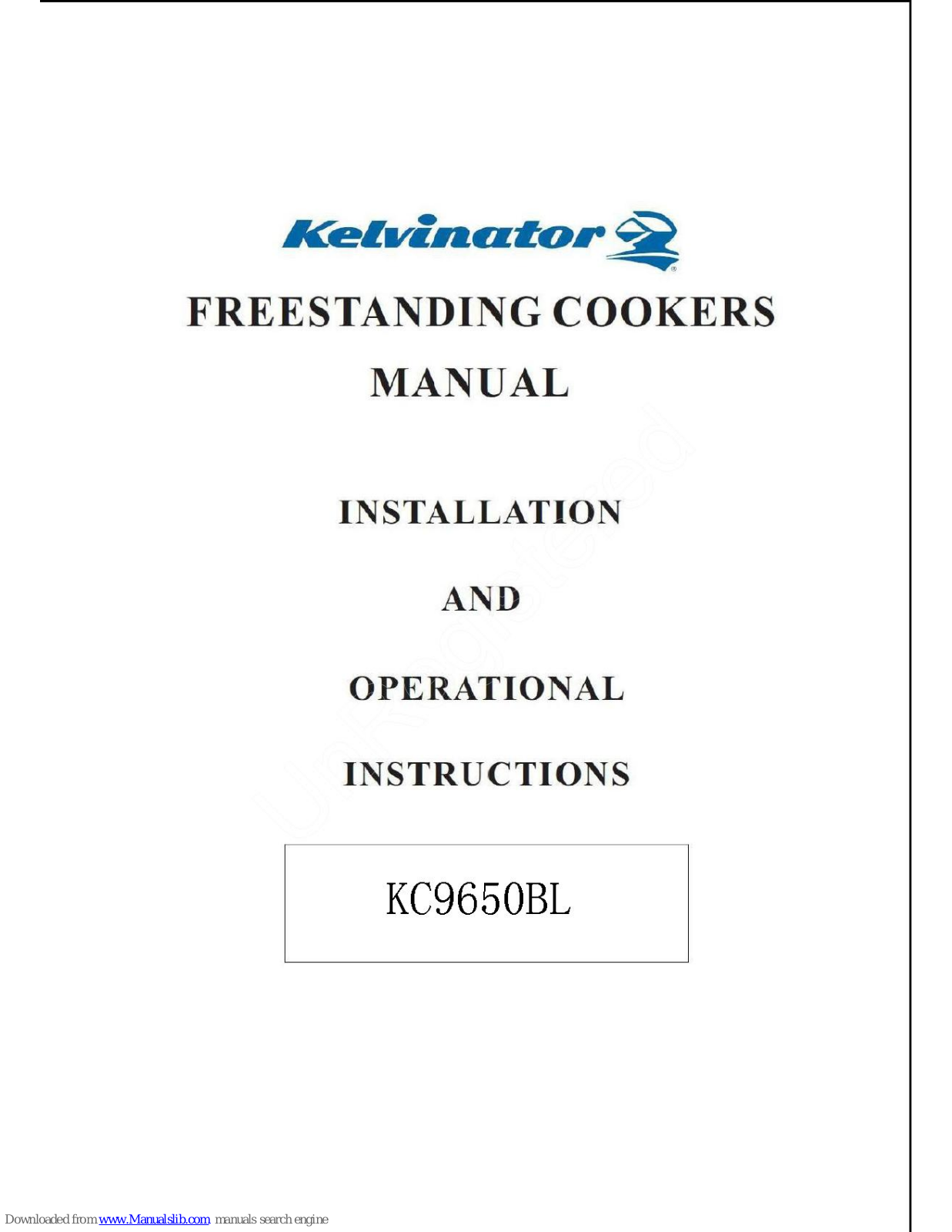 Kelvinator KC9650BL Installation And Operation Instructions Manual