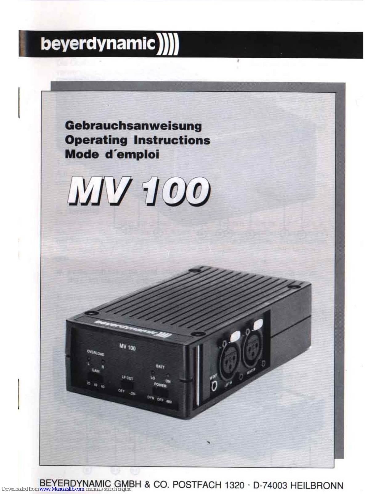 Beyerdynamic MV 100 Operating Instructions Manual