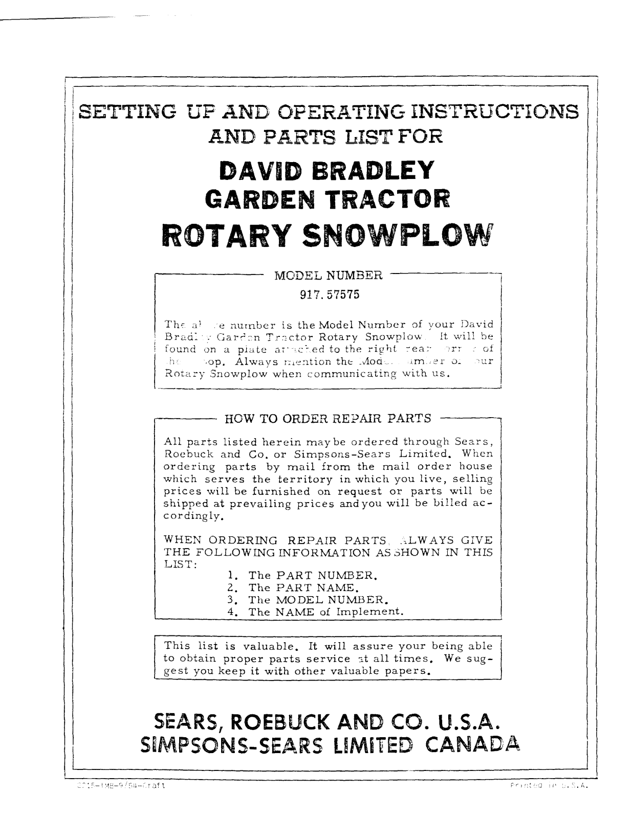 David Bradley 917.57575 Operating instructions