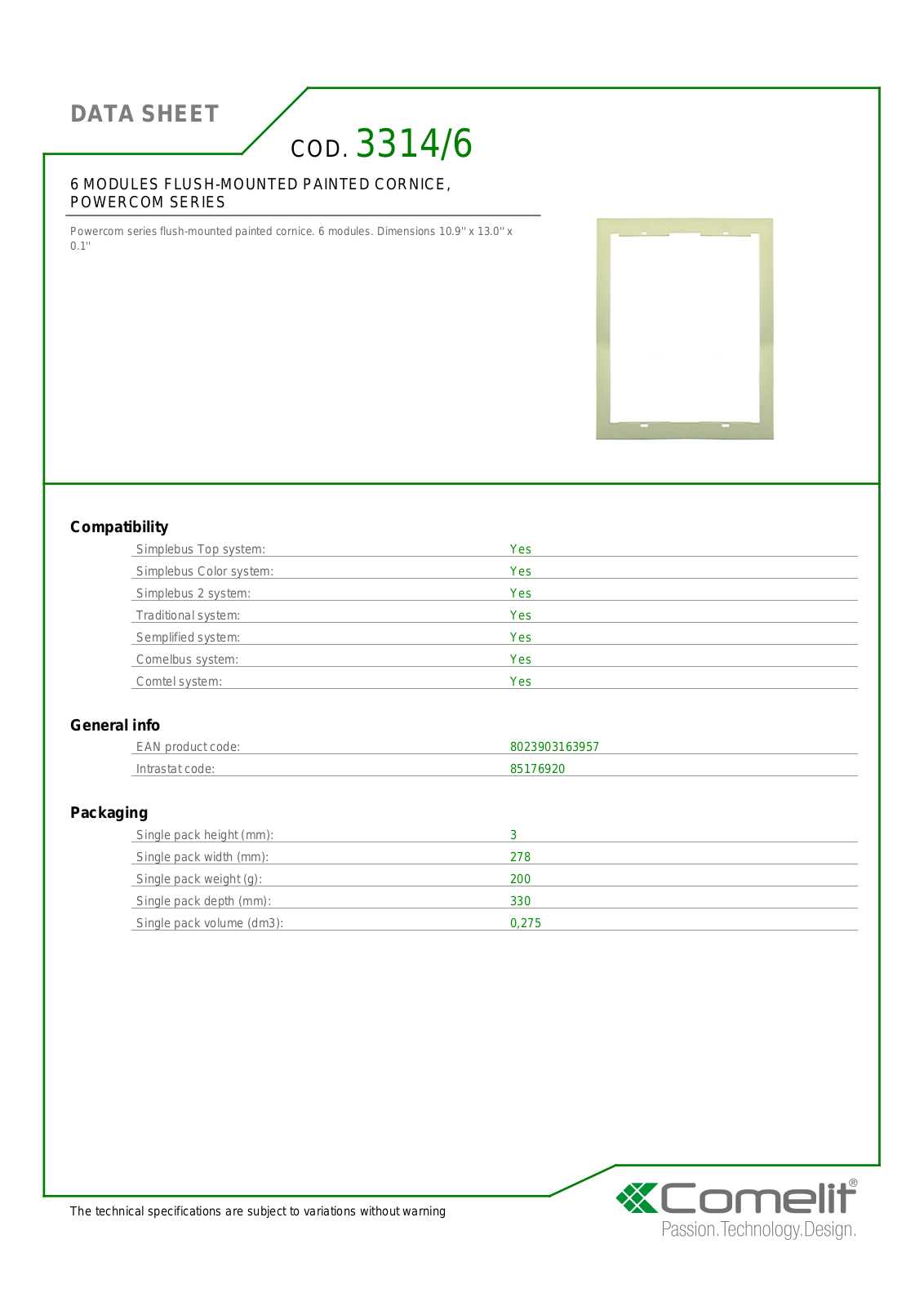 Comelit 3314-6 Specsheet