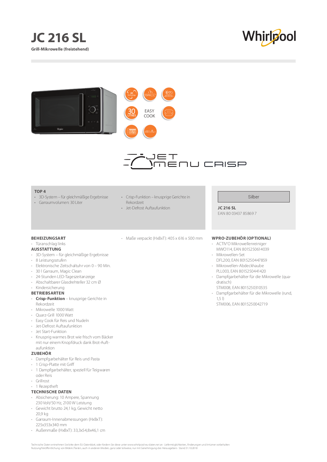 Whirlpool JC 216 SL Product information