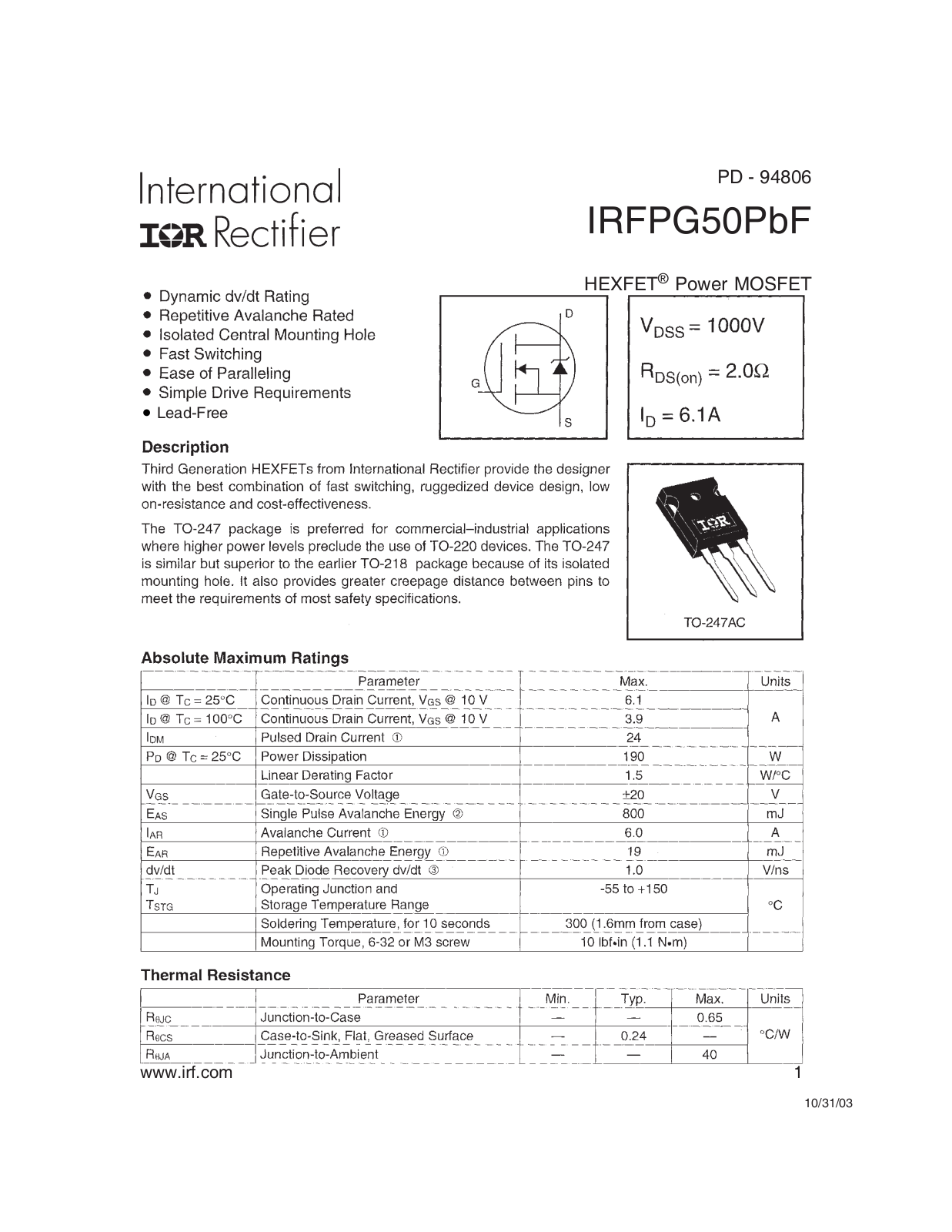 Datasheet IRFPG50PBF Specification - ManualMachine.com