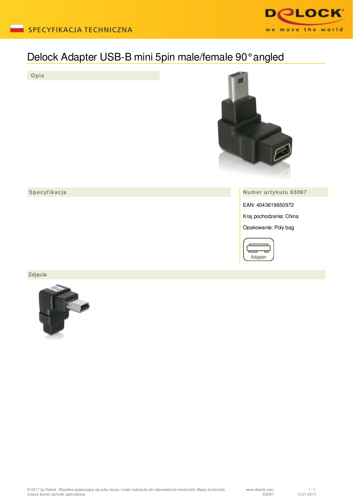 DeLOCK USB-B mini 5 Pin plug on socket 90  angled  top User Manual