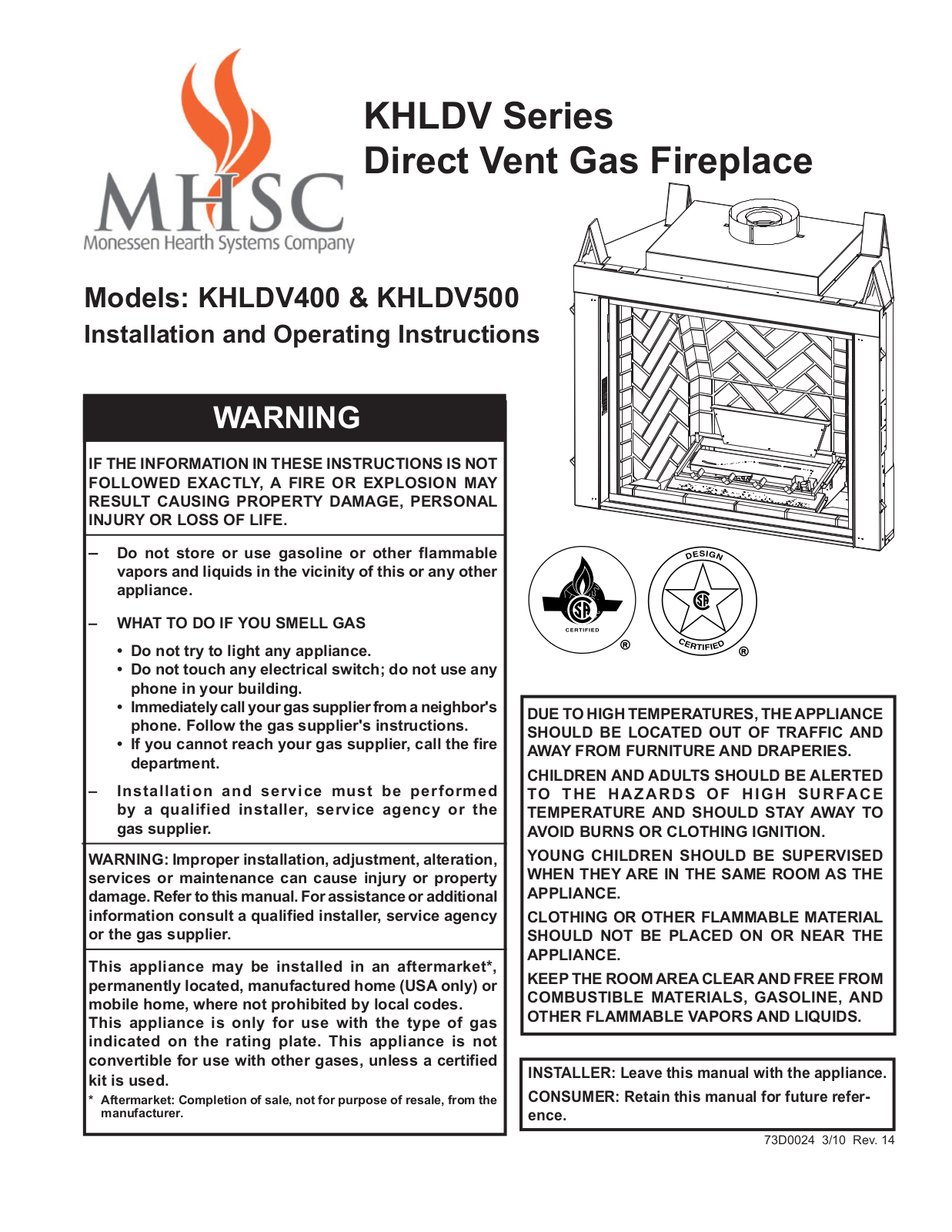 Monessen Hearth KHLDV500, KHLDV400 User Manual