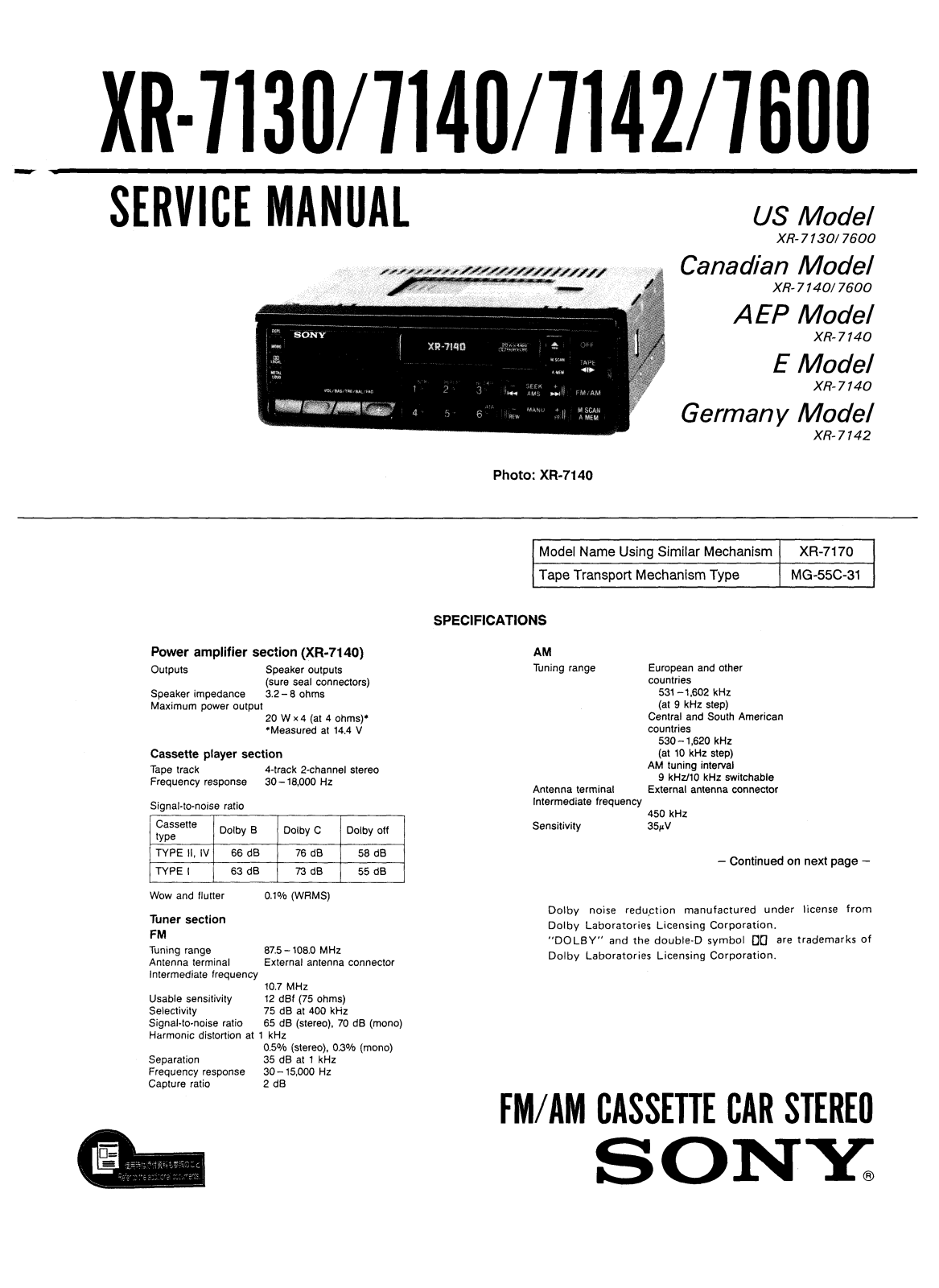 Sony XR-7142 Service manual