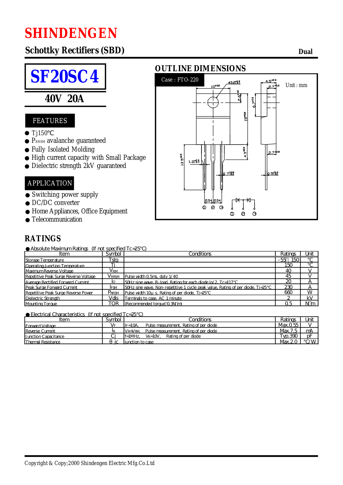 Shindengen Electric Manufacturing Company Ltd SF20SC4 Datasheet