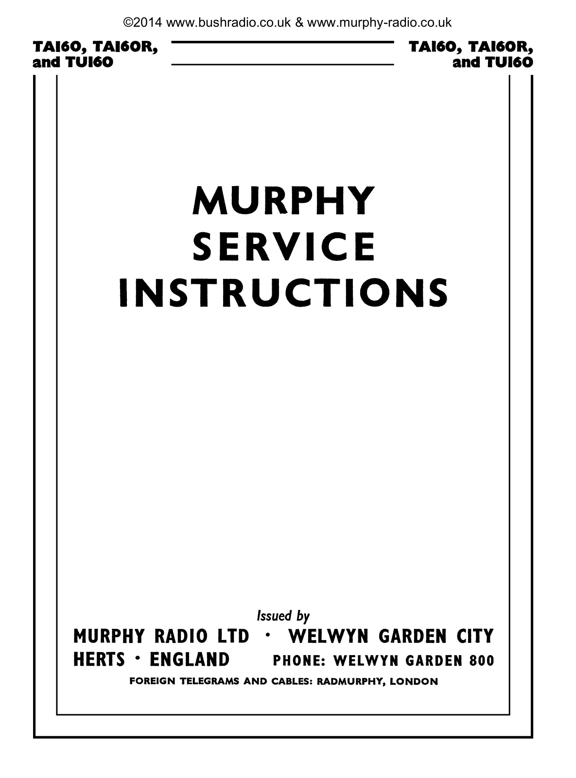 Murphy Radio TA160, TA160R, TU160 Service Instructions Manual