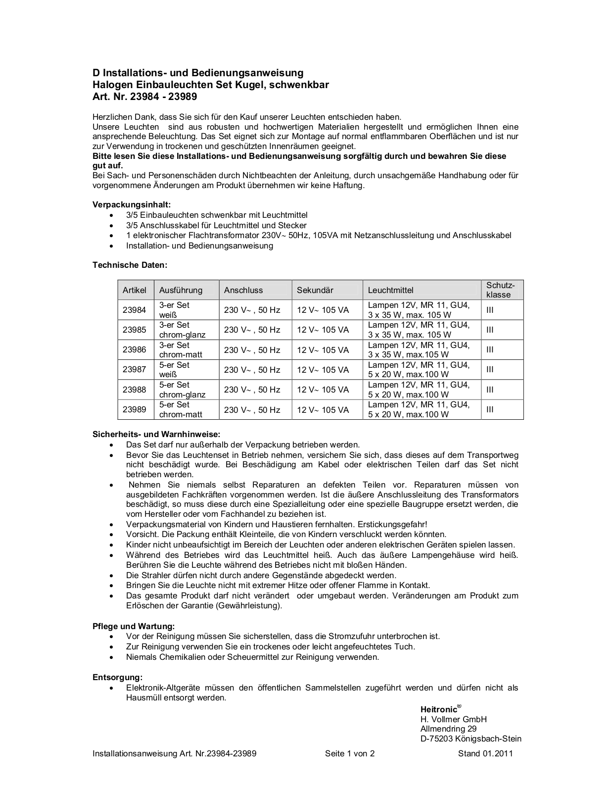 Heitronic 23984, 23985, 23986, 23987, 23988 Installation and operating instructions