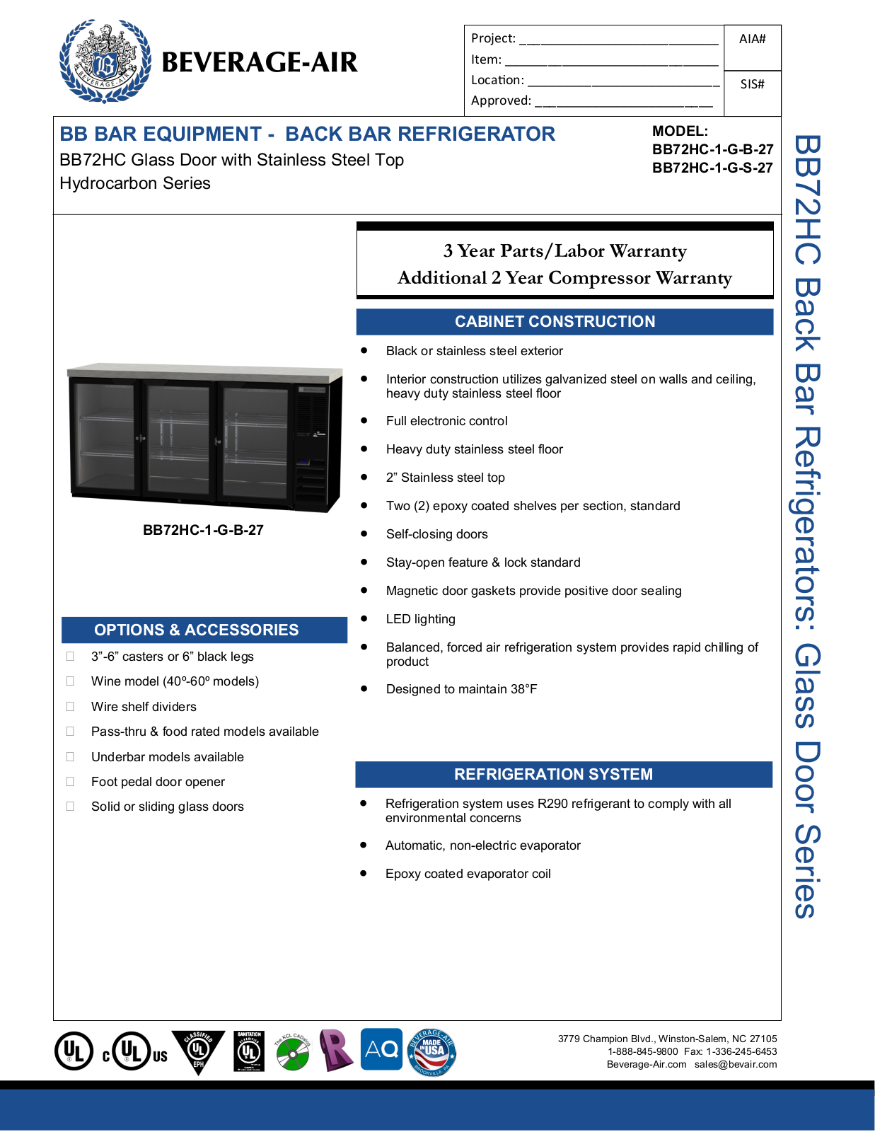 Beverage-Air BB72HC1GB27, BB72HC1FGS27, BB72HC1GS27, BB72HC1FGB27 Specifications