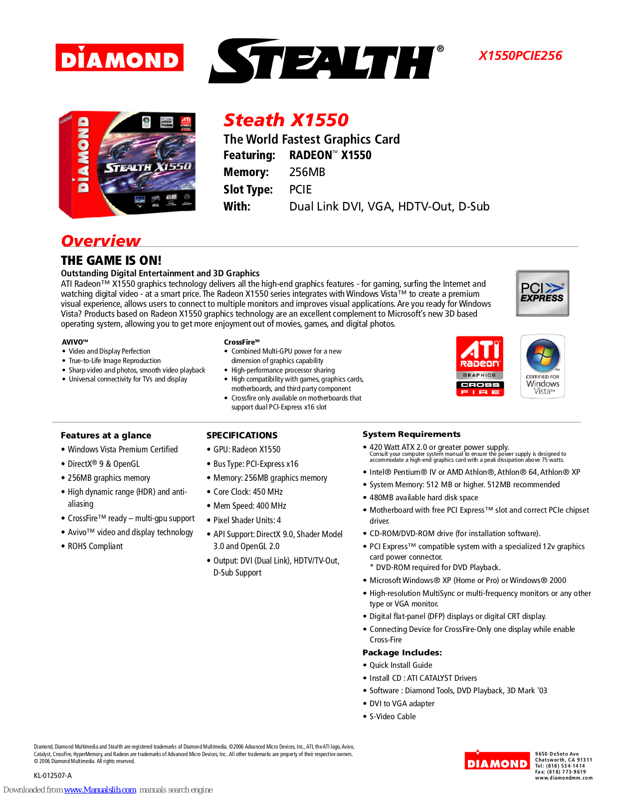 Diamond Multimedia Radeon X1550, Radeon X1550PCIE256, Steath X1550, Steath X1550PCIE256 Specification Sheet