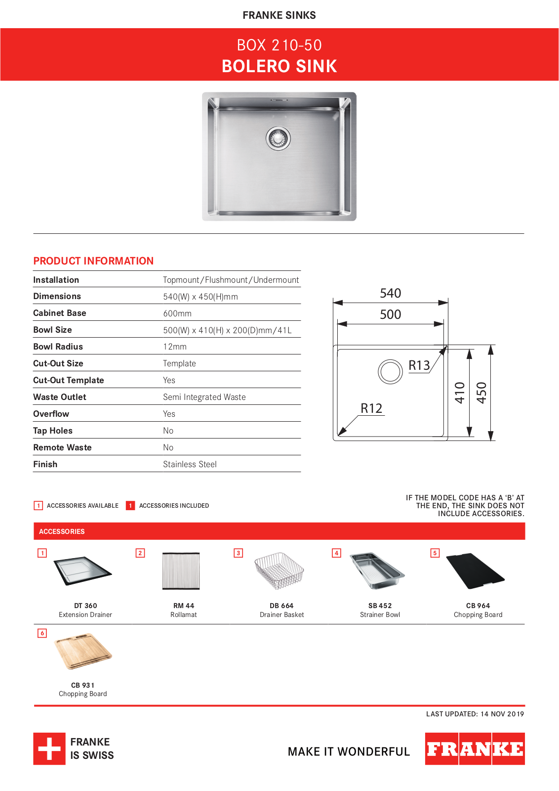 Franke BOX210-50 Specifications Sheet