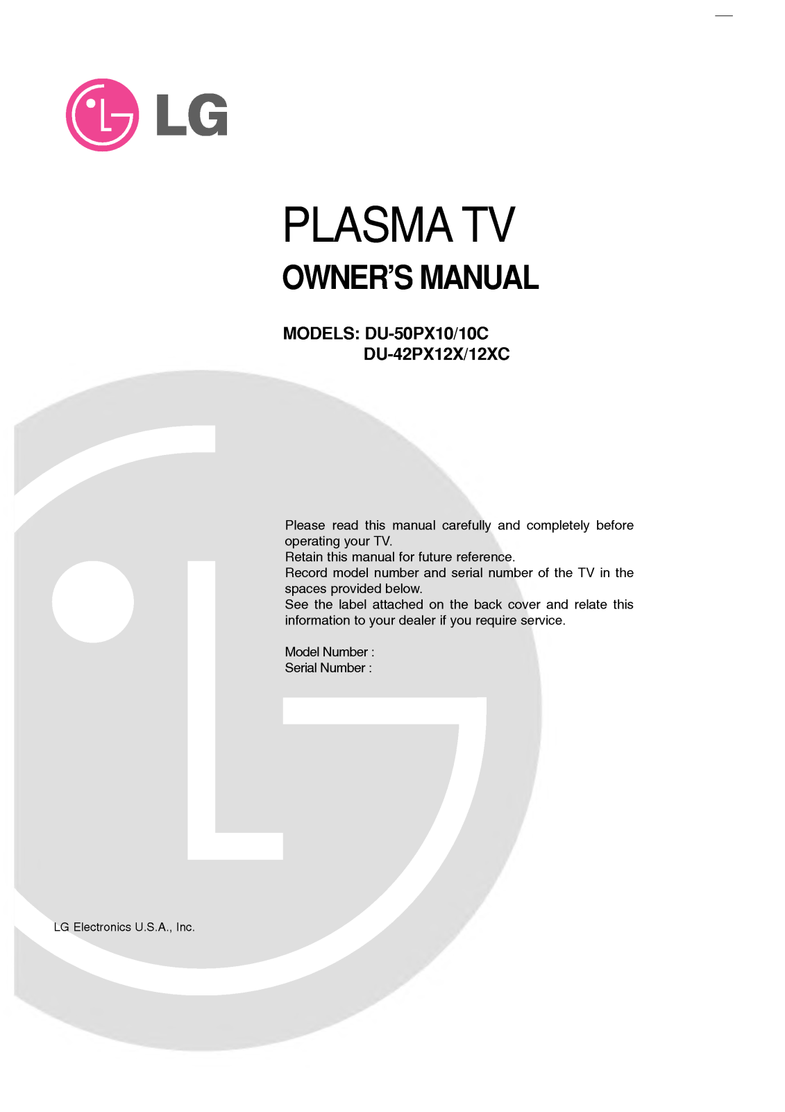 LG DU-42PX12XC, DU-42PX12X, DU-50PX10 User Manual