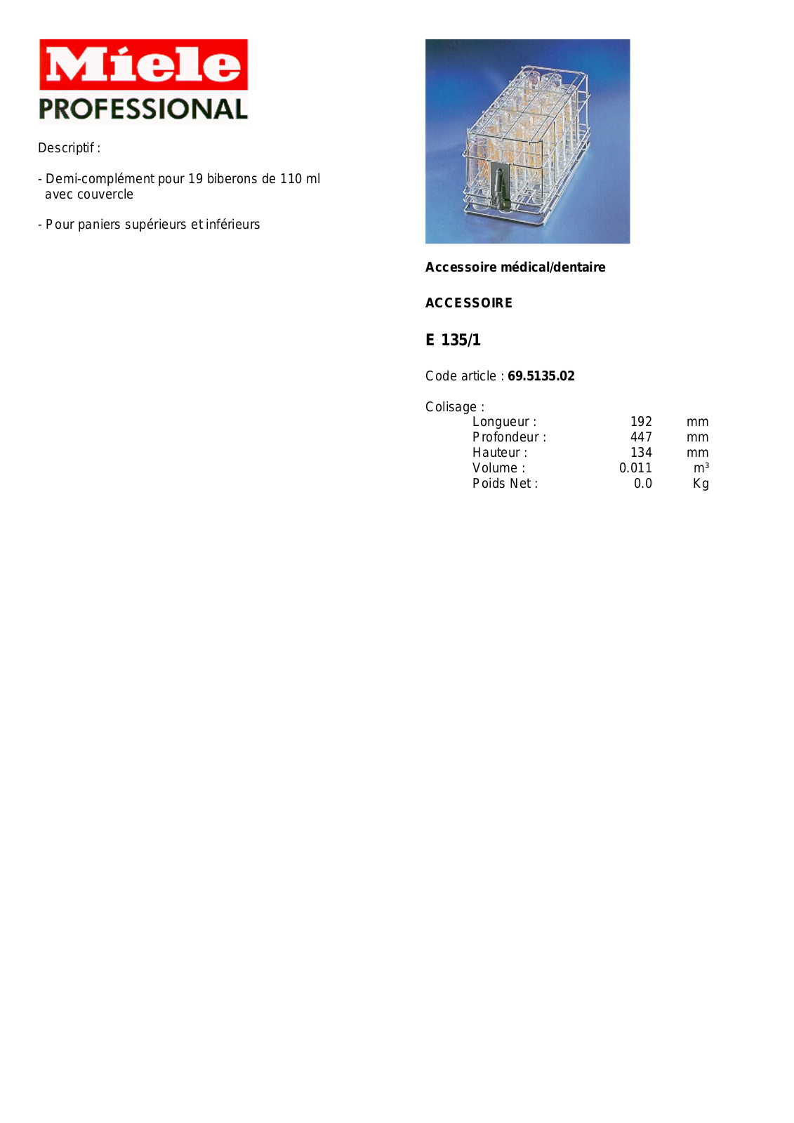 MIELE E 135-1 DESCRIPTIF User Manual