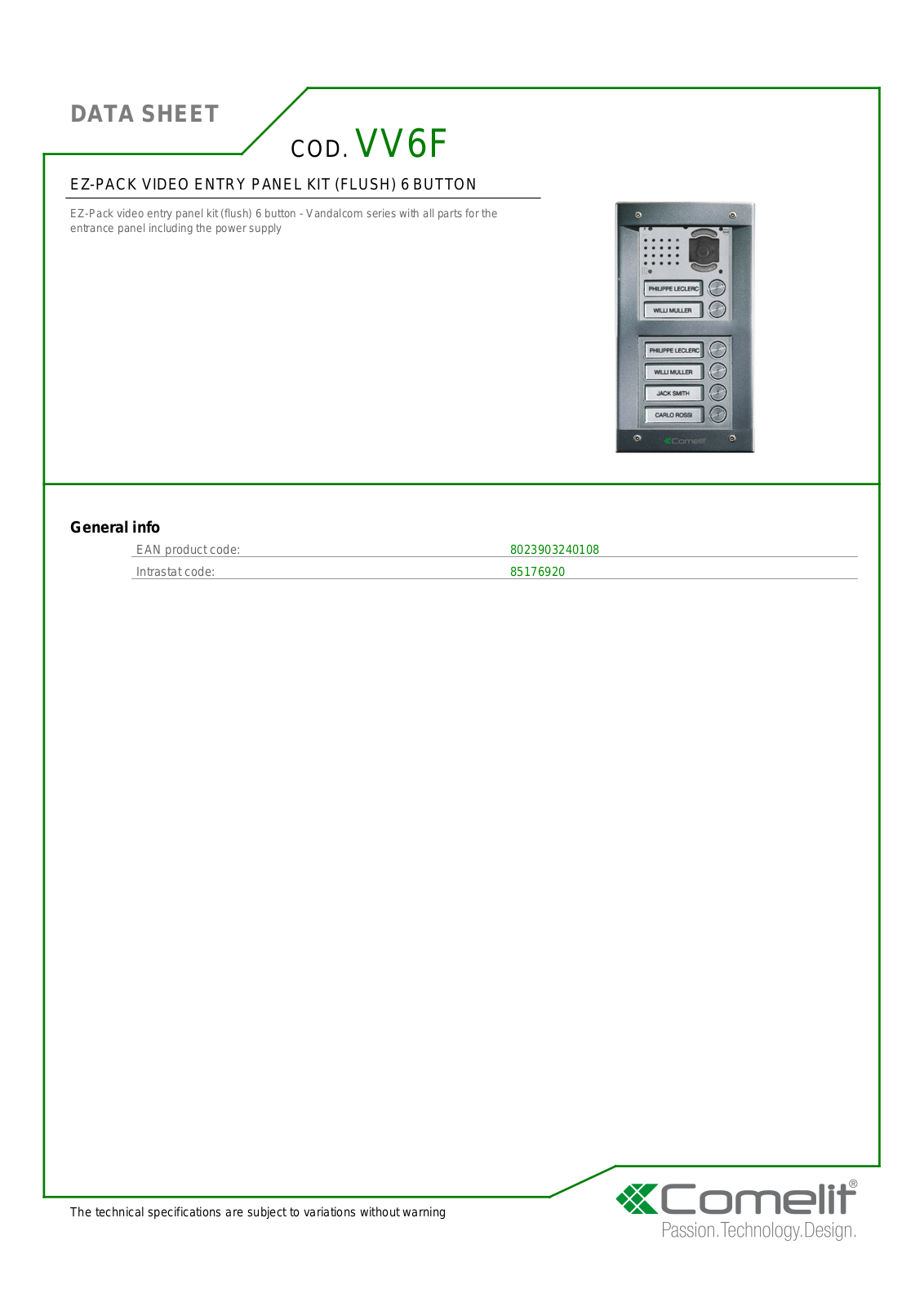 Comelit VV6F Specsheet