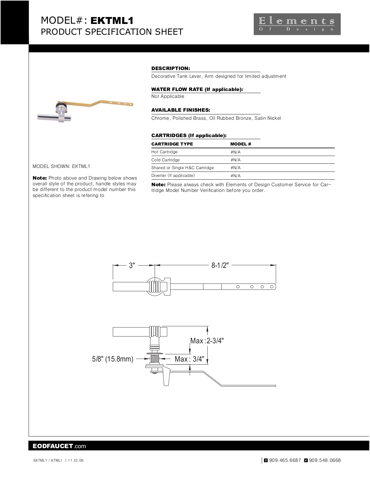 Elements of Design EDE1601 Specification Sheet - ManualMachine.com