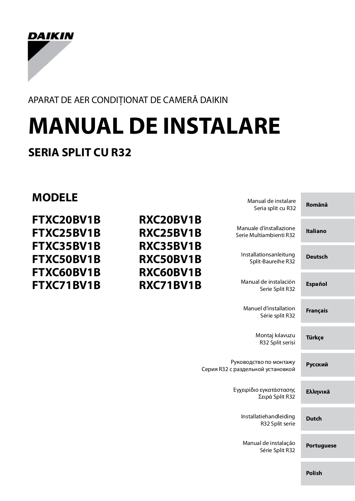 Daikin FTXC20BV1B, FTXC25BV1B, FTXC35BV1B, FTXC50BV1B, FTXC60BV1B Installation manuals