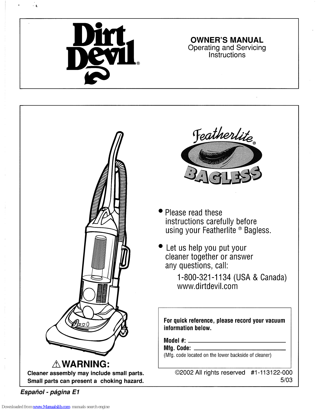 Dirt Devil Featherlitea, Featherlite Bagless Owner's Manual - ManualMachine.com