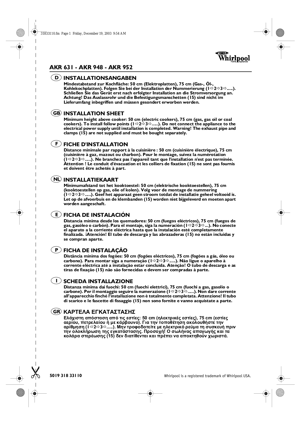 Whirlpool AKR 631 AL INSTRUCTION FOR USE