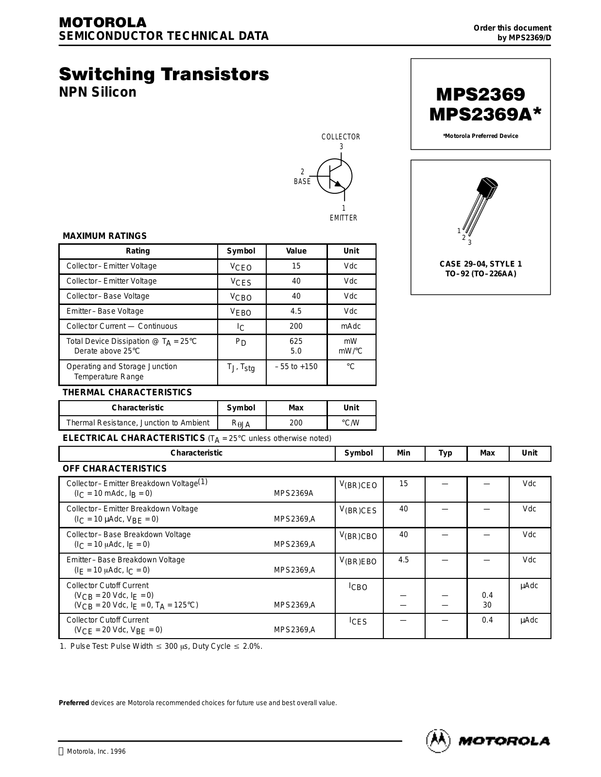 Motorola MPS2369A, MPS2369 Datasheet