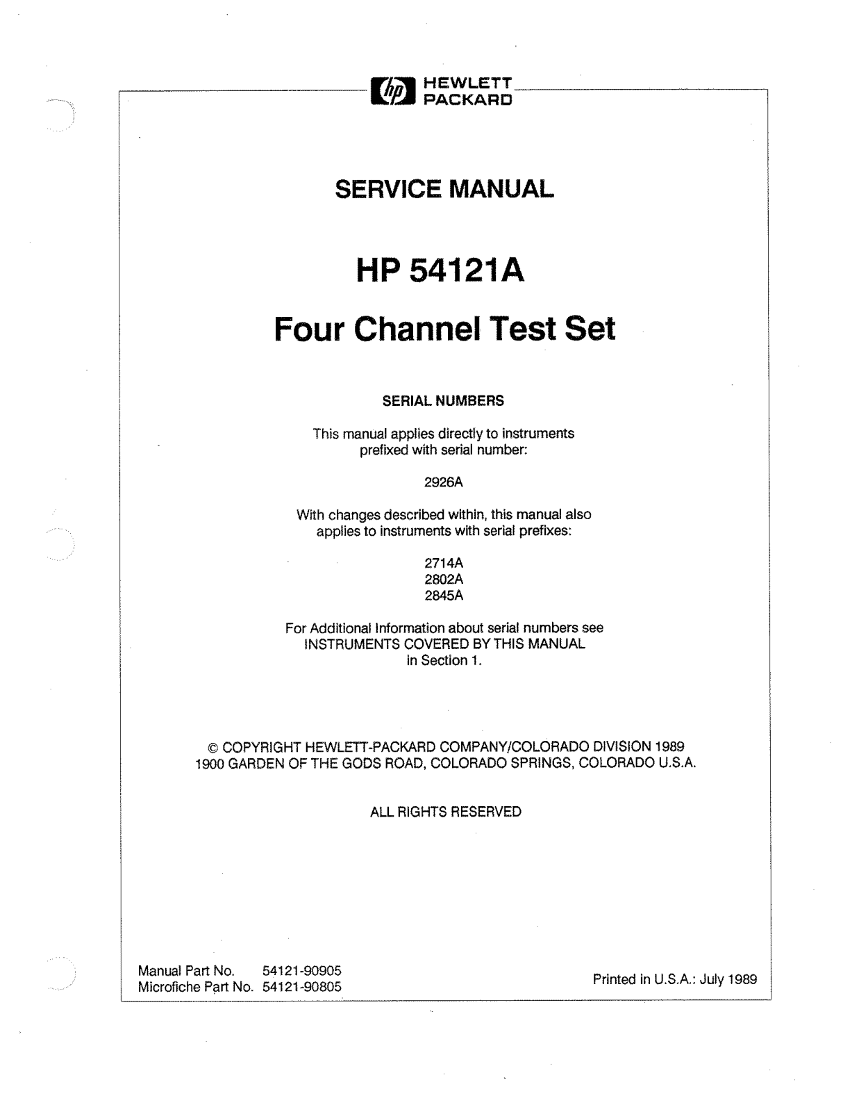 HP (Hewlett-Packard) 2802A, 2845A, 54121A, 2926A, 2714A User Manual