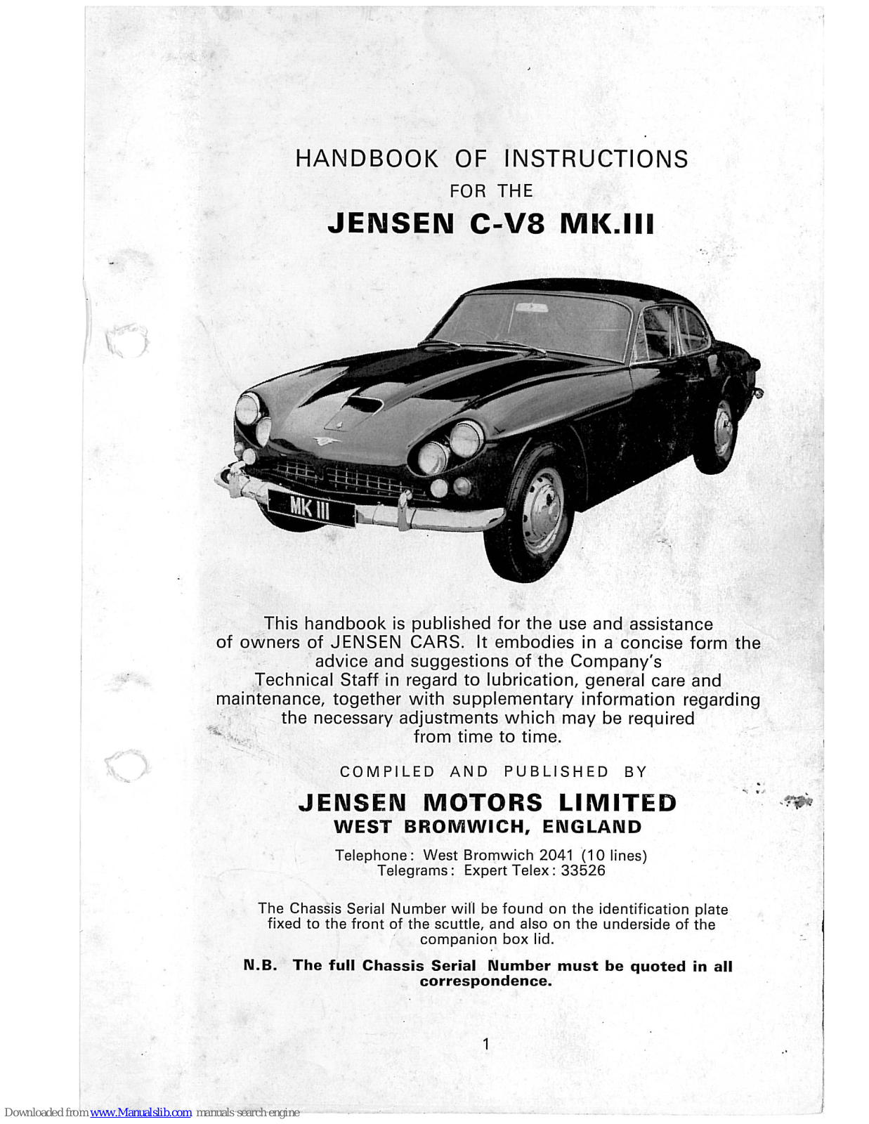 Jensen C-V8 MK.III Instruction Manual