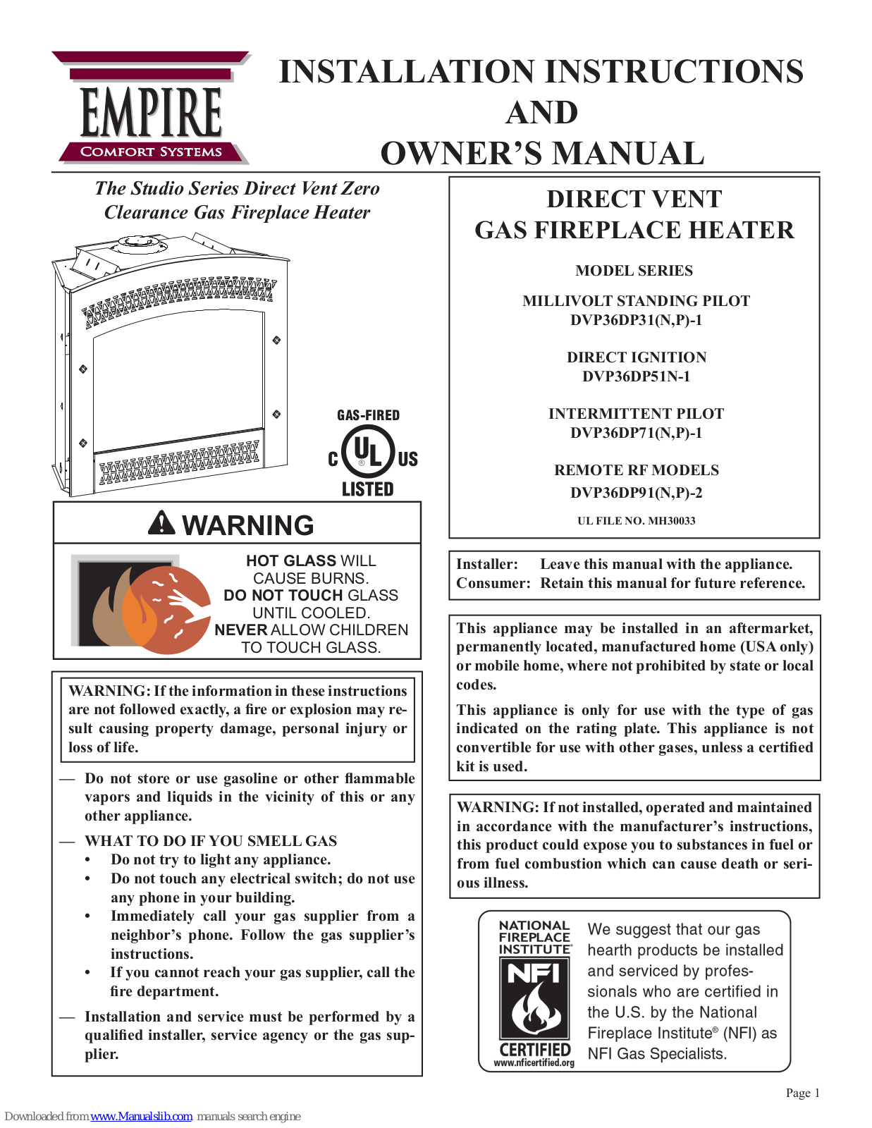 Empire Comfort Systems DVP36DP511N-1, DVP36DP31P-1, DVP36DP71N-1, DVP36DP71P-1, DVP36DP91N-2 Owner's Manual